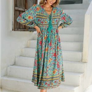 Boho Bright Floral Print Long Sleeve Maxi Dress!